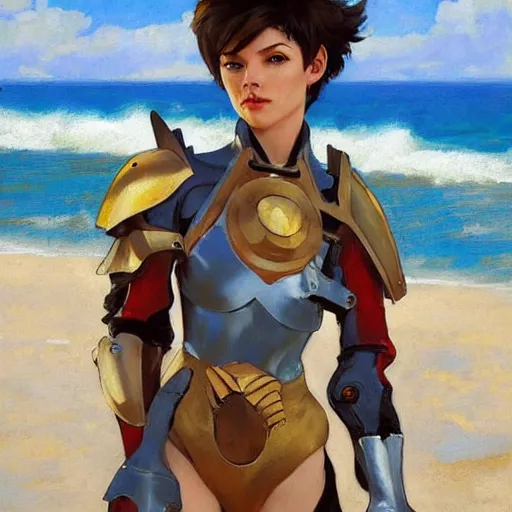 Image similar to greg manchess painting of tracer wearing a knight armor in a beach, medium shot, organic painting, sunny day, bold shapes, hard edges, street art, trending on artstation, by huang guangjian and gil elvgren and sachin teng and artgerm and greg rutkowski and alphonse mucha