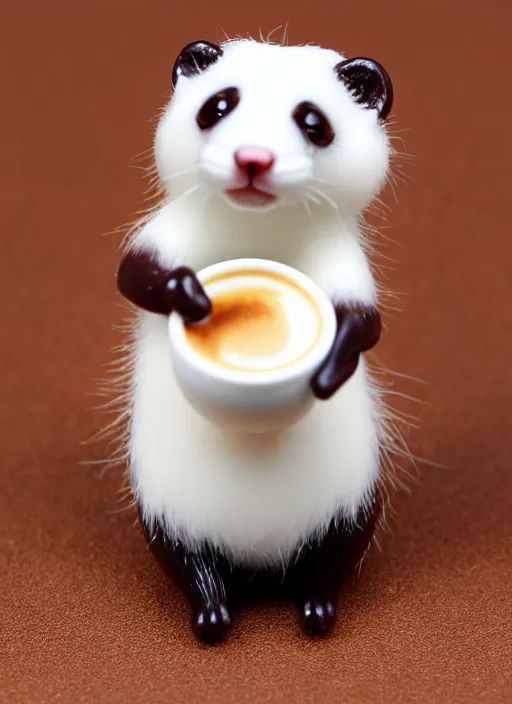 Prompt: 80mm resin detailed miniature of fluffy cute ferret drink coffee, Product Introduction Photos, 4K, Full body, simple background