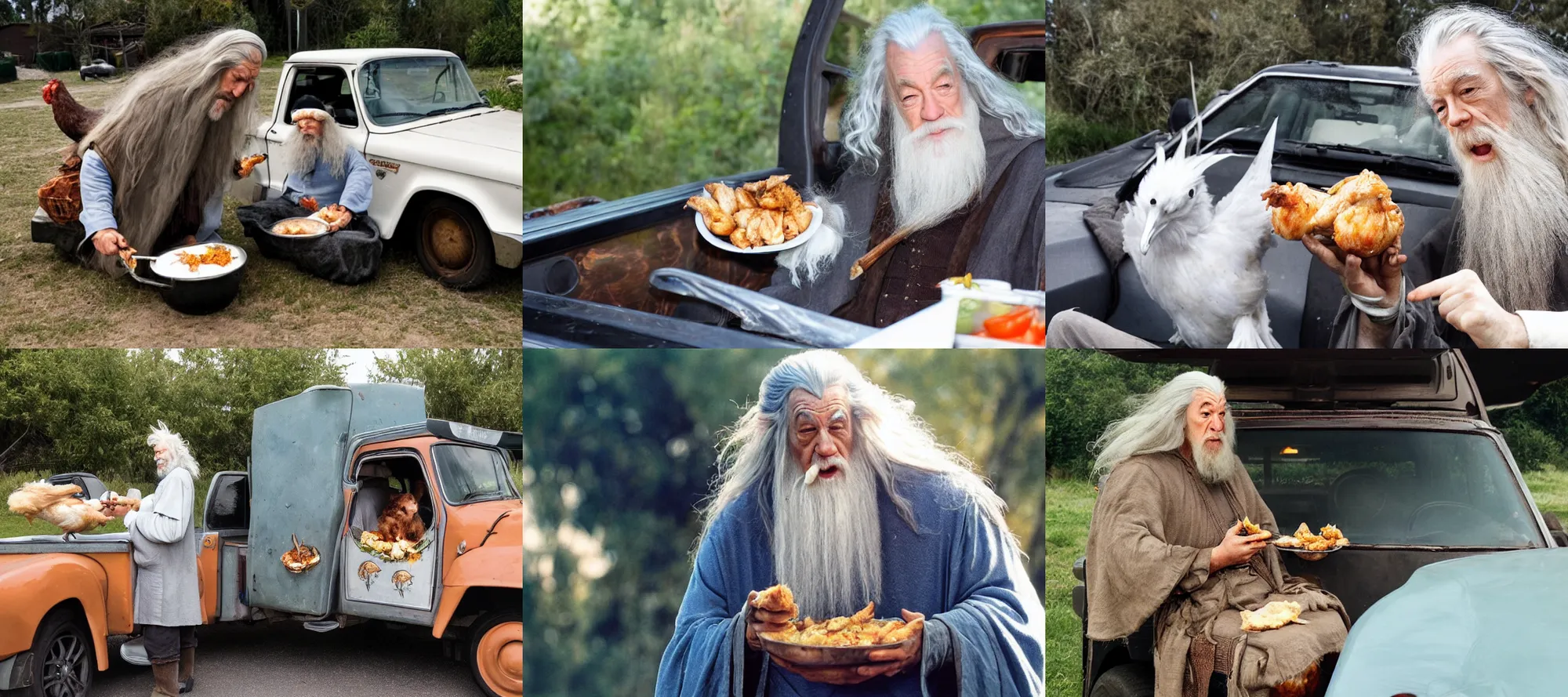 Prompt: gandalf eating chicken in his pick - up truck