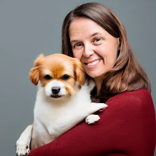 Image similar to studio portrait of a person with their pet dog that looks exactly like them, 8 k, ultra realistic