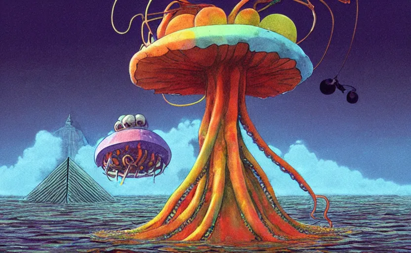 Prompt: a realistic cell - shaded studio ghibli concept art from paprika ( 2 0 0 6 ) of a flying multi - colored octopus from close encounters of the third kind ( 1 9 7 7 ) and dimensional portal to another world above a flooded pyramid complex on a misty starry night. very dull colors, wide shot, hd, 4 k, hq