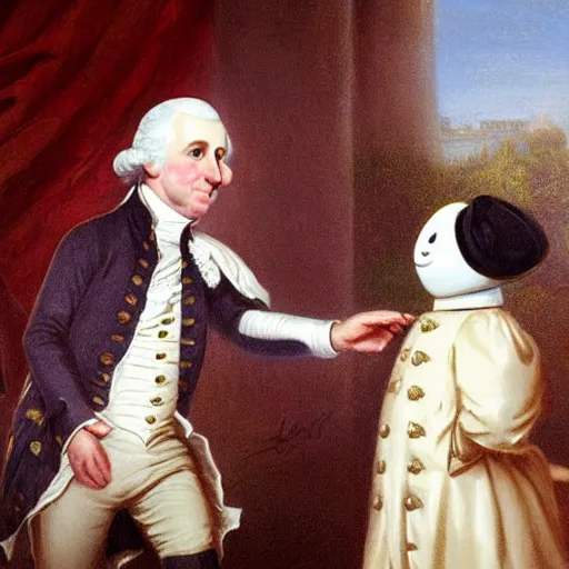 Image similar to Victorian painting of Marshmello greeting George Washington