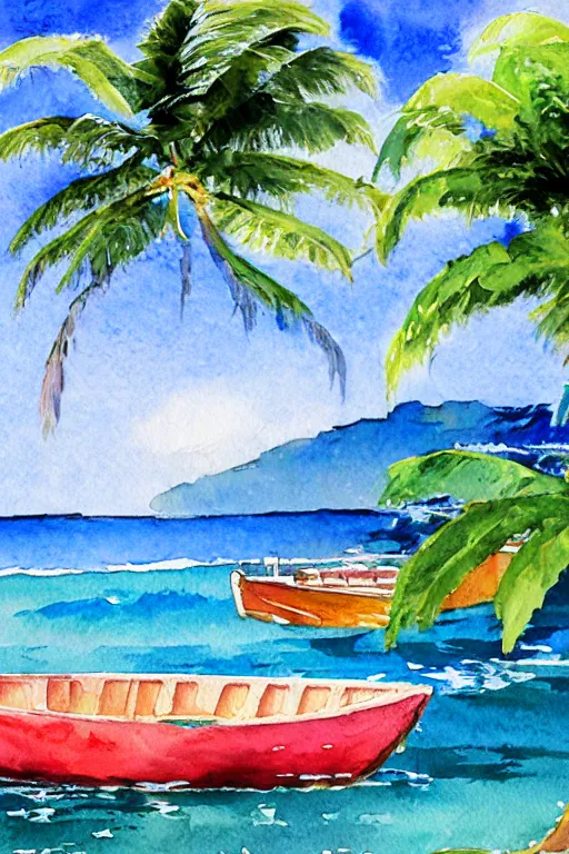 Image similar to watercolor painting of realistic hawaii coast, summer period with boats, watercolor, tonal colors, natural lighting, blue.