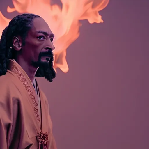 Image similar to cinematic film still of Snoop Dogg starring as a Samurai holding fire, Japanese CGI, VFX, 2022, 40mm lens, shallow depth of field, film photography