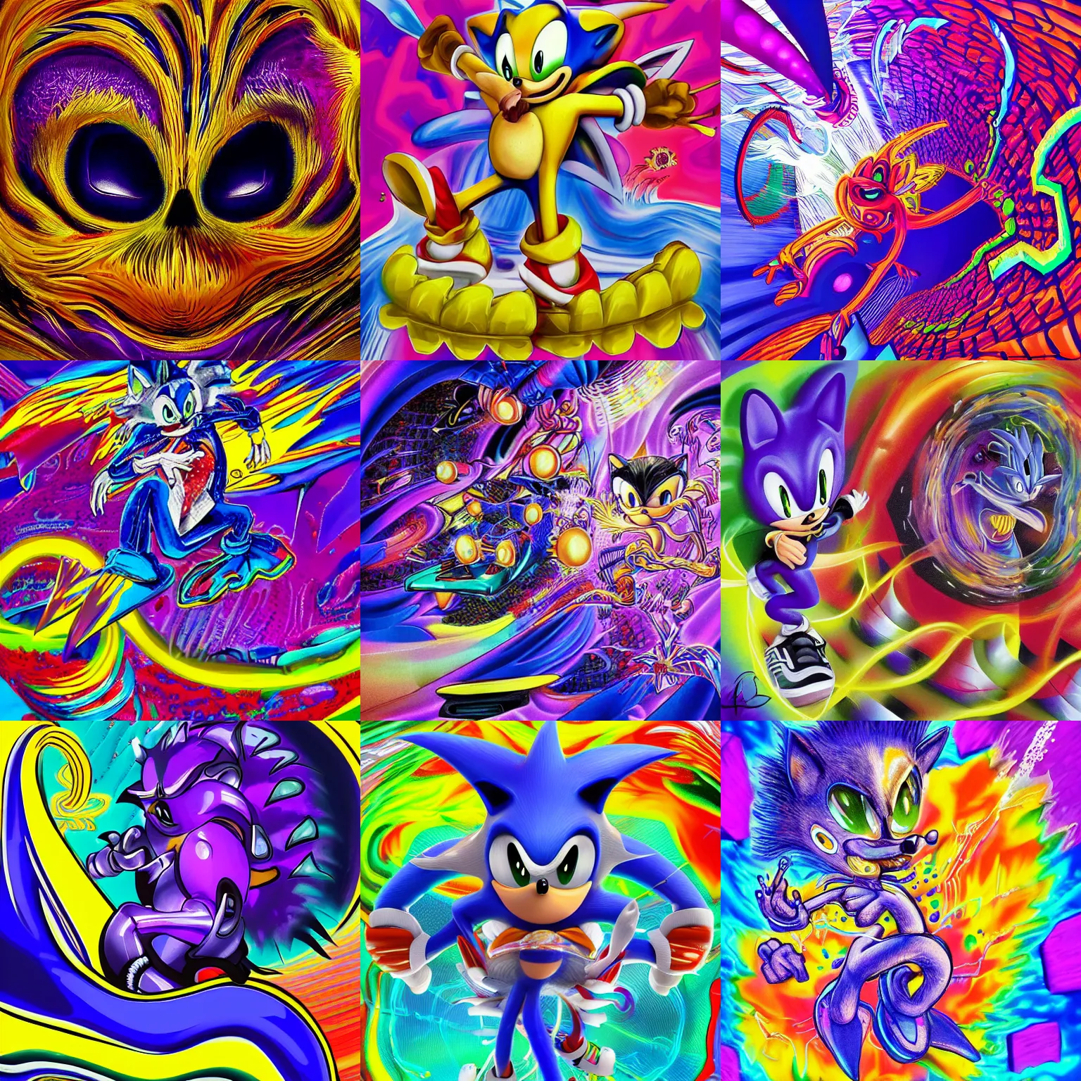 Prompt: surreal, sharp, detailed professional, high quality portrait sonic airbrush art MGMT album cover portrait of a liquid dissolving LSD DMT sonic the hedgehog surfing through cyberspace, purple checkerboard background, 1990s 1992 Sega Genesis video game album cover