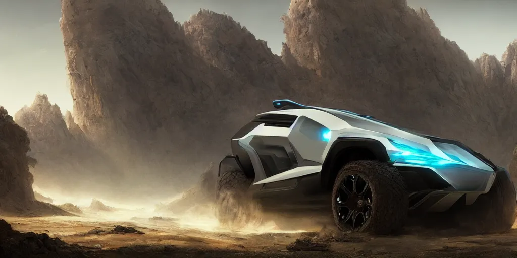 Image similar to a futuristic offroad suv designed by apple driving through socotra island, artgerm and greg rutkowski and alphonse mucha, an epic fantasy, volumetric light, detailed, establishing shot, an epic fantasy, trending on art station, octane render, midsommar