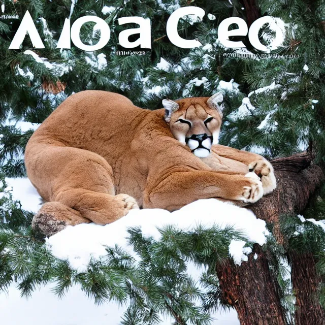Image similar to magazine page showing 'a cougar sleeping in the middle of snowy pine tree' laying on coffee table, zoomed out shot, HD