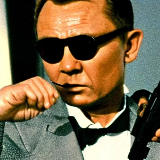 Prompt: a still of James Bond played by Kim Jong-il, classic Bond iconic shot, 35mm film, spy thriller