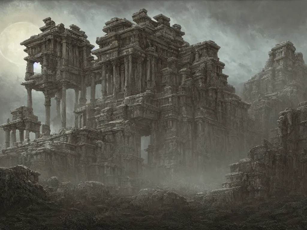 Prompt: an ancient temple, a moonlit steppe, ((in the style of shadow of the colossus)), by tyler edlin, by gustave dore, ossuary, matte painting