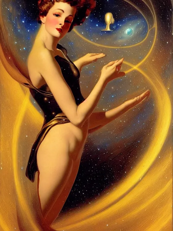 Prompt: Morpheus the god of dreams, a beautiful art nouveau portrait by Gil elvgren, colliding galaxy environment, centered composition, defined features, golden ratio, silver helmet