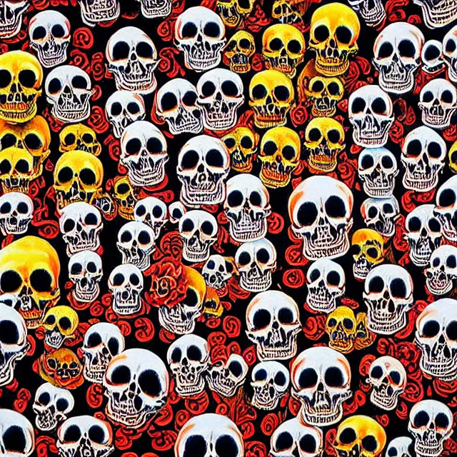 Prompt: a beautiful painting many skulls combine buddhas, by kusama miyama realistic oil painting