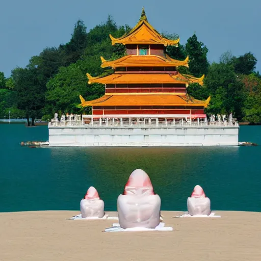 Image similar to floating temple in the middle of a large lake dedicated to the worship of sphynx cat