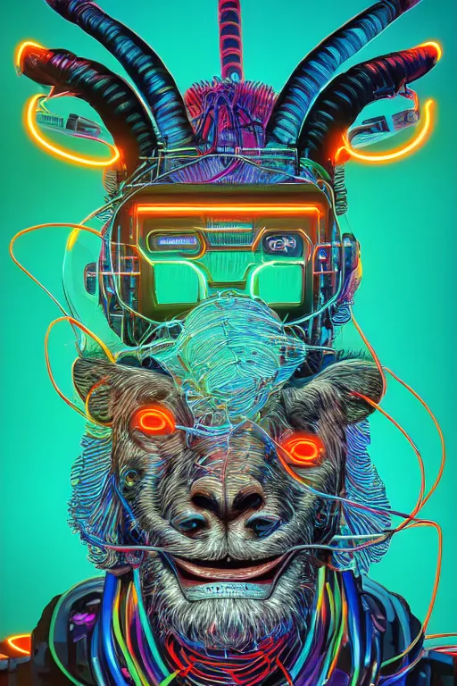 Image similar to stunning highly detailed portrait of an ugly old billy goat with cyber headgear surrounded by wires, neon colors, oil on canvas, strong lighting, by Josan Gonzalez, HD, 4K