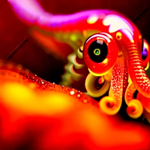 Image similar to fiery whimsical emotional eyes cephalopod, in a photorealistic macro photograph with shallow dof