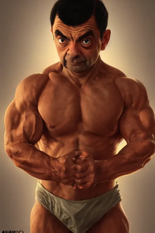 Image similar to upper body portrait of a hulking bulky swole muscular herculean chiseled mr bean rowan atkinson, cinematic lighting, photorealistic, octane render, 8 k, depth of field, 3 d, art by artgerm and greg rutkowski and alphonse mucha and uang guangjian and gil elvgren and sachin ten