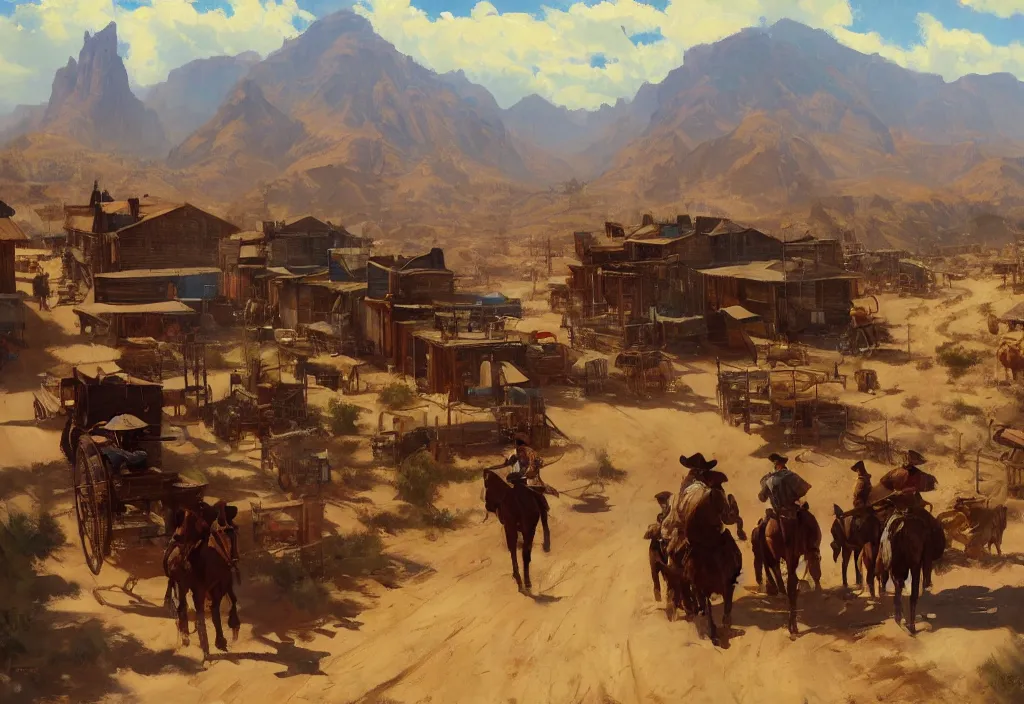 Prompt: greg manchess painting of a wild west town landscape with no person nor horse in the painting only buildings in the year 1 8 5 0, on a rainy day, painting, trending on artstation, by huang guangjian and gil elvgren and sachin teng