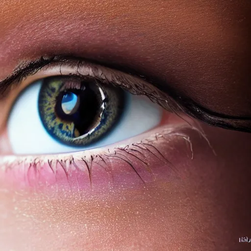 Image similar to highly realistic photo 8 k intricate deep focus of a feminine eye