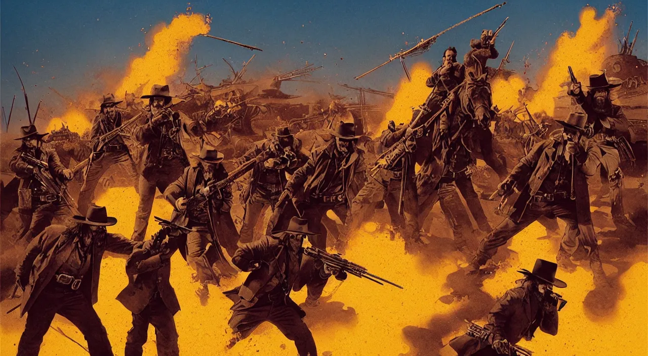Image similar to epic action gunfight battle scene with fire and explosions from The Hateful Eight by Quentin Tarantino in style by Dave Gibbons, John Berkey, Beksinski Carl Spitzweg Moebius and Tuomas Korpi, trending on artstation, details, noisy film grain effect, wide shot, 30mm, intricate, 4k, very very high detailed perfect faces
