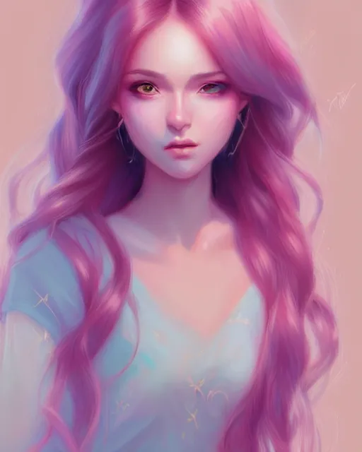 Image similar to soft pretty female long pastel color hair, wearing gorgeous clothing, digital character illustration, artstation trending female illustration, intricate, sharp focus, hyper detailed, digital painting, matte, character art by prywinko art, pyromallis rene maritte, masterpiece