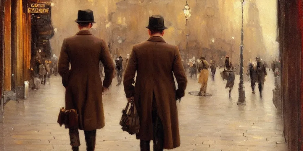 Image similar to we see ewan mcgregor from side. he is dressed as a gentleman at early 2 0 th century paris. atmospheric feeling, warm colours, brown colours, yellow colours, epic scene, cinematic, very detailed, oil painting