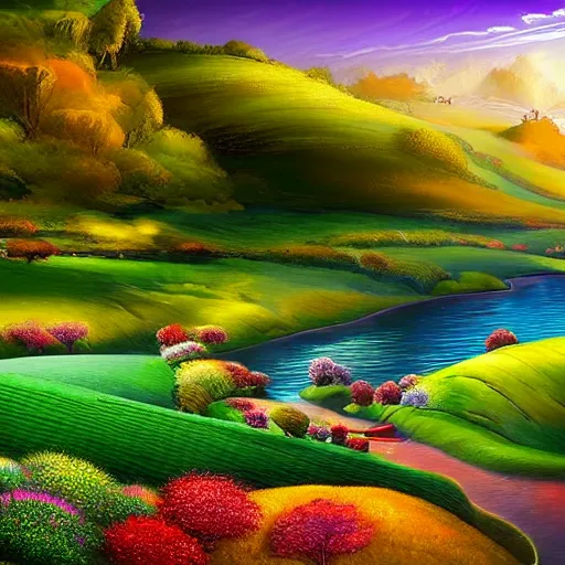 Image similar to A beautiful digital art of of a landscape. It is a stylized and colorful view of an idyllic, dreamlike world with rolling hills, peaceful looking animals, and a flowing river. The scene looks like it could be from another planet, or perhaps a fairy tale. mint, airbrush by Mandy Disher exciting