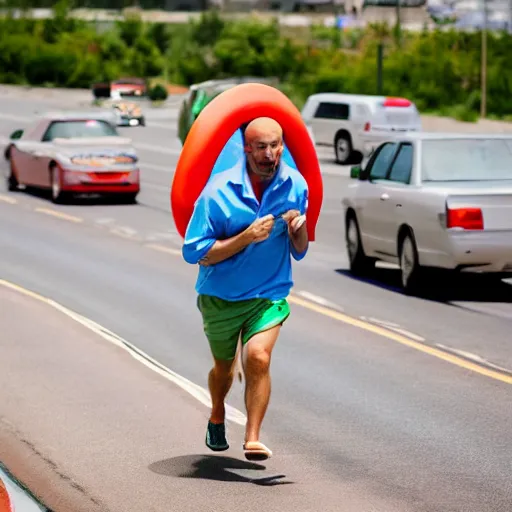 Image similar to a man wearing a pool tube running down a busy highway