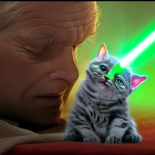 Prompt: Jedi master yoda teaching a kitten how to use a lightsaber