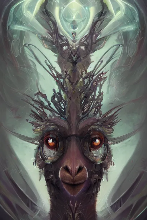 Image similar to portrait of a beautiful supernatural llama as a biomechanical emanation, by pete mohrbacher and artgerm and wlop, digital art, highly detailed, intricate, fantasy, mystical, sharp focus, Trending on Artstation HQ, deviantart, unreal engine 5, 4K UHD image