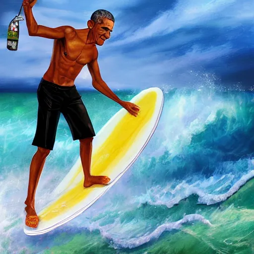 Prompt: barack obama surfing in rough surf holding a margarita, realistic, high detail, volumetric lighting