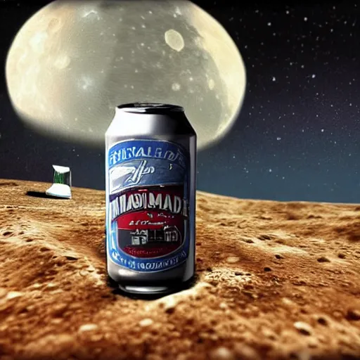 Prompt: a detailed, realistic, idle, regular sized electric guitar next to a detailed, realistic, idle, regular sized beer can on the moon. detailed photo. realistic photo