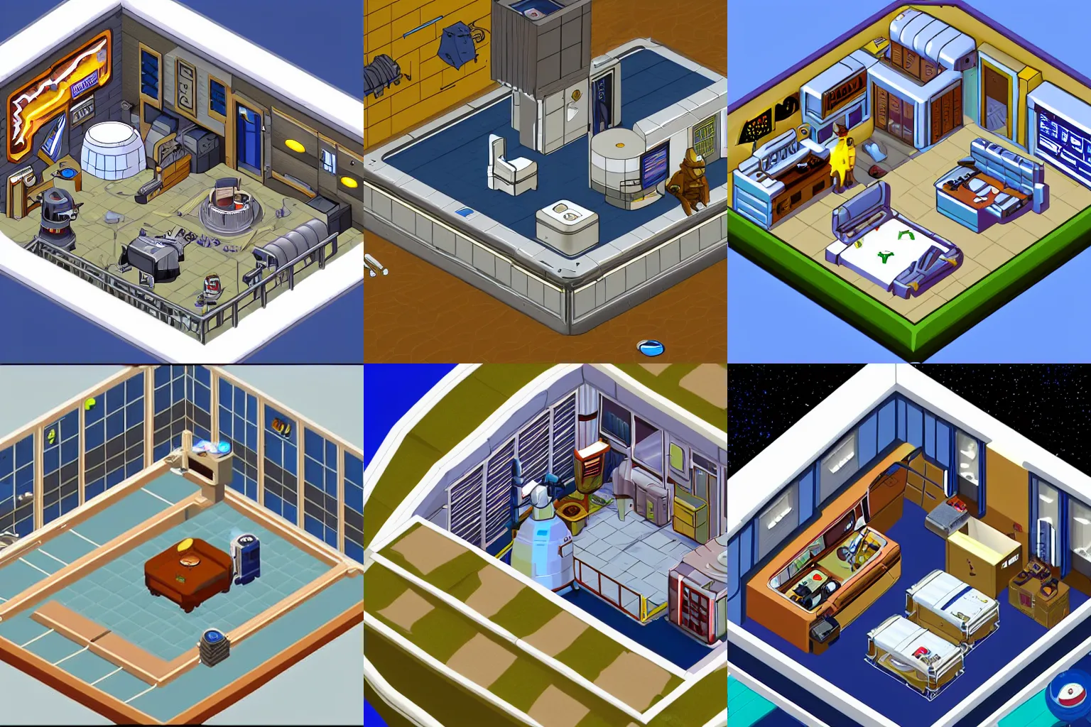 Prompt: isometric view of an officer\'s living quarters on a space station, from a space themed Lucasarts graphic adventure game made in 2008