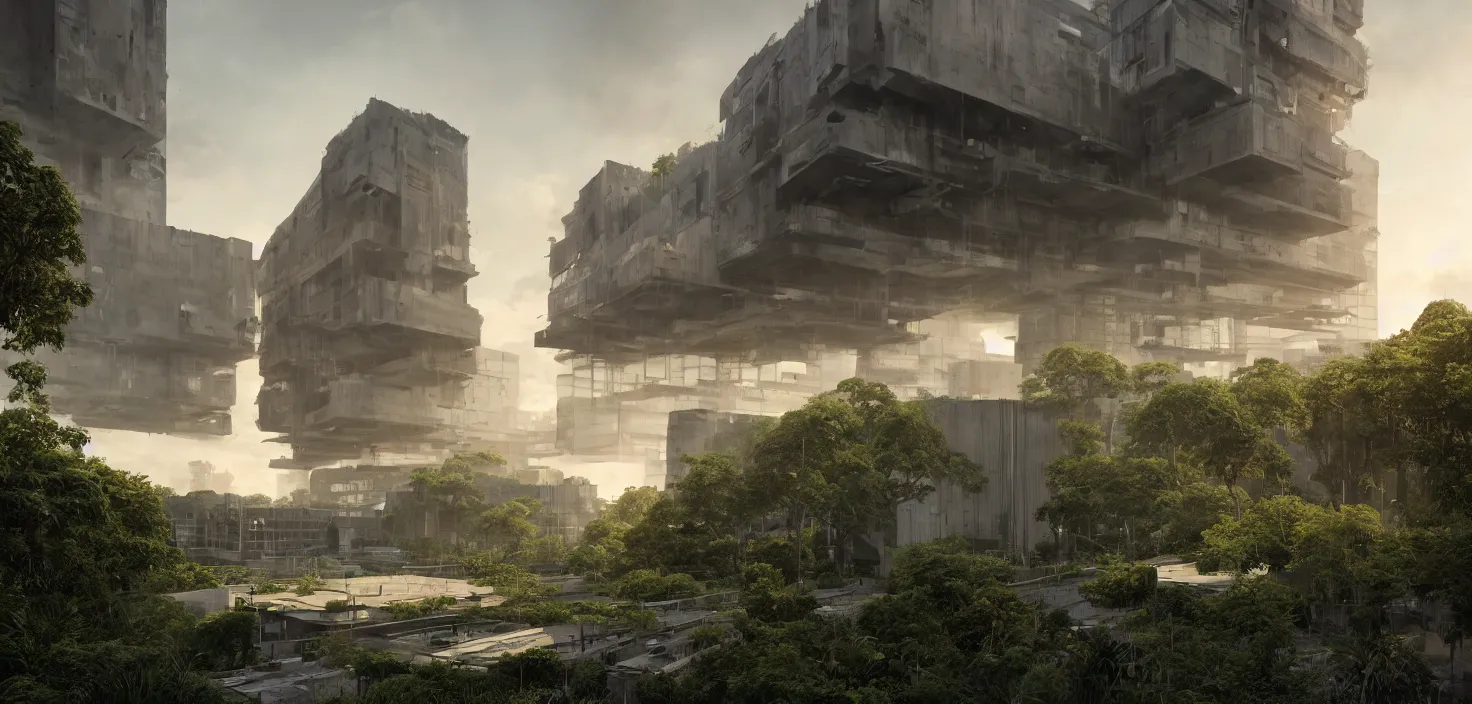 Prompt: brutalist architecture, surrounded by lush green vegetation, stunning volumetric lighting, sunset, metal, concrete, translucent material, stunning skies, 8k, photorealistic, hyper detailed, unreal engine 5, IMAX quality, cinematic, epic lighting, digital painting in the style of DOOM, by Greg Rutkowski, trending on Artstation