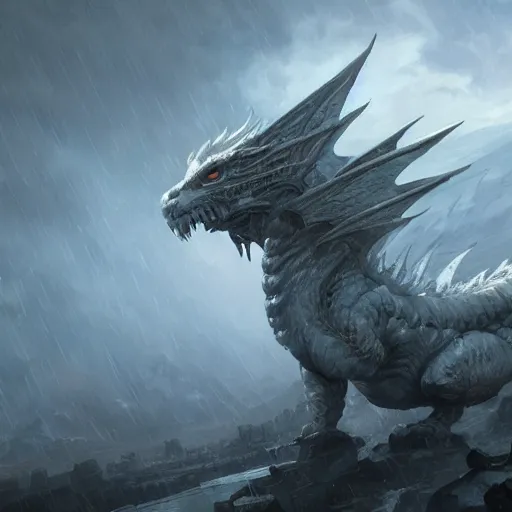 Prompt: white dragon, open mouth, massive wings, wide angle, greg rutkowski, drark, marvel comics, dark, plutus su, chris scalf, lucas graciano, billy christian, symmetrical head, snowy mountains, small city, grey and gold color palette, painting, d & d, fantasy, artstation, cinematic, dramatic lighting, close up, storm clouds
