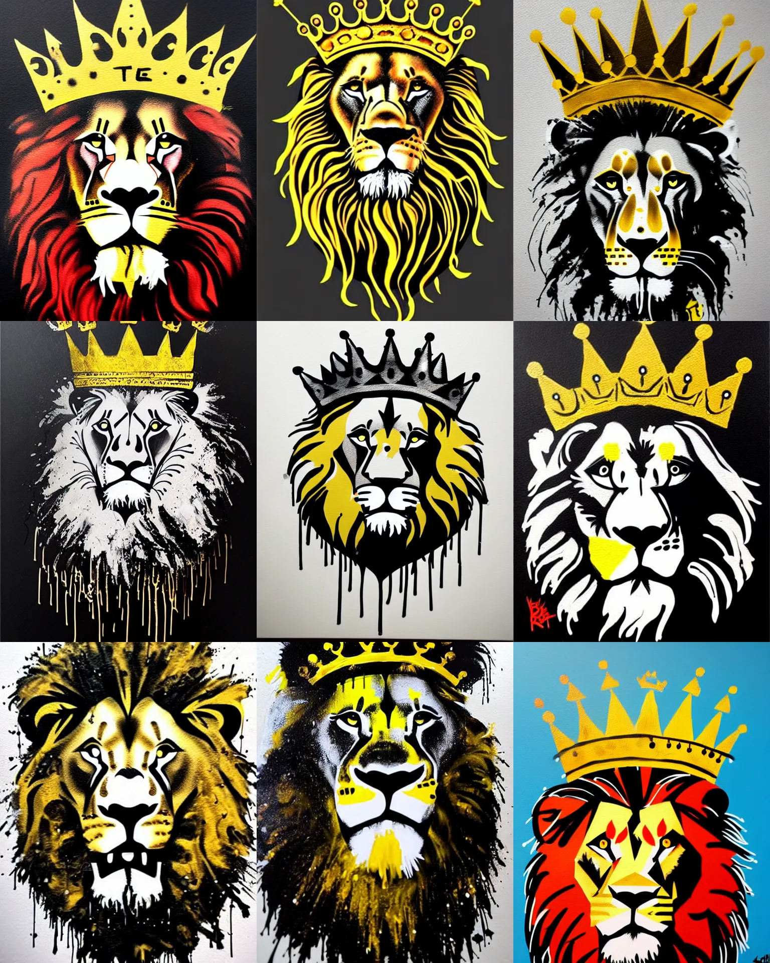 Prompt: lion with crown, drip painting, graffiti, highly detailed, simple, no jagged lines, smooth, artstation, centered artwork by blek le rat