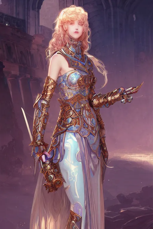 Prompt: portrait young knights of Zodiac girl, rose golden and ice blue armor, in ruined Agora of Athens Sunrise, ssci-fi and fantasy, intricate and very beautiful and elegant, highly detailed, digital painting, artstation, concept art, smooth and sharp focus, illustration, art by tian zi and WLOP and alphonse mucha