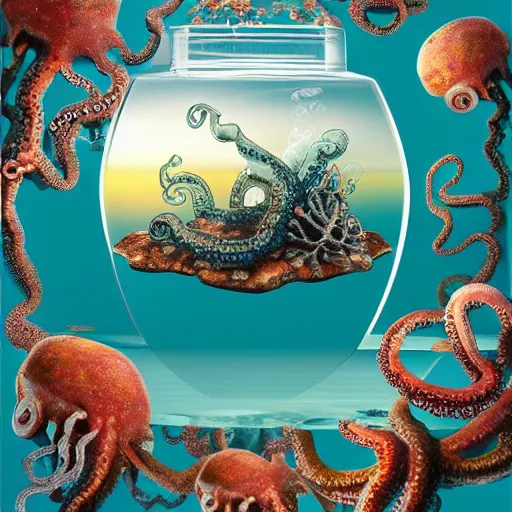 Image similar to a clear teapot with an ocean inside with octopus, sea monsters, fish, coral, and seaweed, highly detailed, 8 k, trending on artstation, award - winning art,