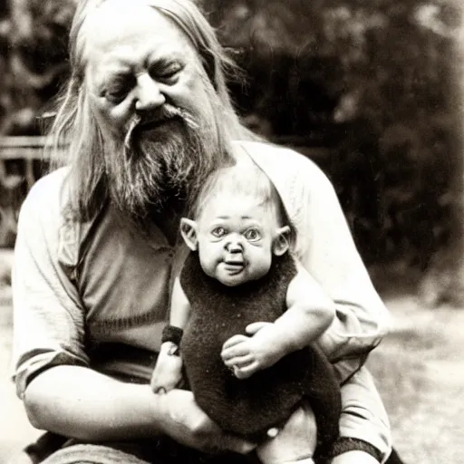 Image similar to robert wyatt cradling a goblin like a baby, photograph