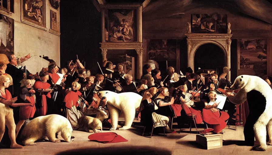 Prompt: a painting of a polar bear directing orchestra at the theatre by Caravaggio, elegant