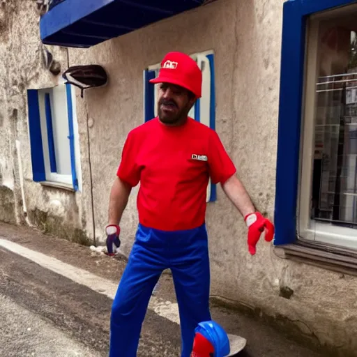 Prompt: italian plumber wearing a red hat and shirt, blue jumpsuit.