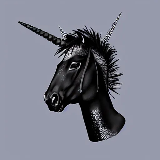 Prompt: digital illustration of a black punk rock unicorn with a mowhawk by maxim shkret, deviantArt, artstation, artstation hq, hd, 4k resolution