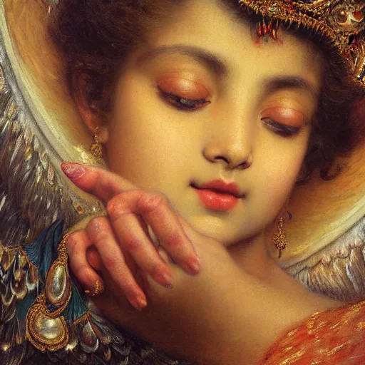 Prompt: detailed portrait of hindu traditional girl with wings high - tech vr headset in baroque painting, girl graceful, eyes closed, painting by gaston bussiere, craig mullins, j. c. leyendecker, lights, art by ernst haeckel, john william godward, hammershøi,,