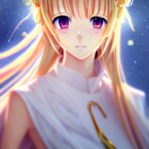 Image similar to portrait of an anime princess in white and golden clothes , digital painting , artstation , gorgeous , cute , beautiful , elegant , devian art , 4k , HD