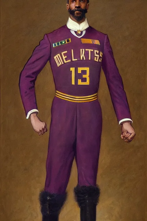 Image similar to full body portrait of the dictator of the milwaukee bucks, 1 8 8 9, in full military garb, purple, on canvas by william sidney mount, trending on artstation