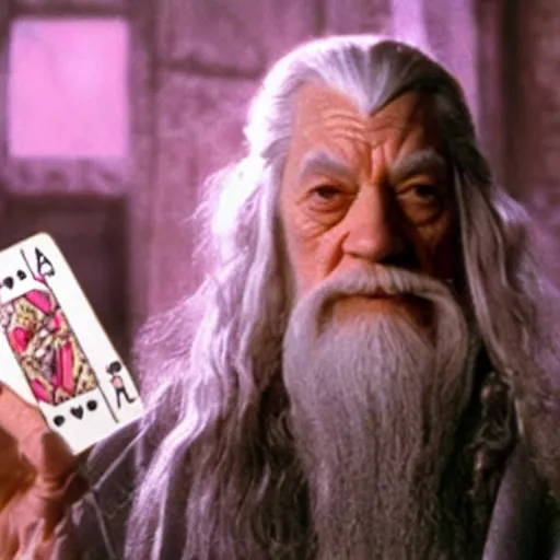 Prompt: gandalf with a pink bowtie on his head, holding a blank playing card up to the camera, movie still from the lord of the rings