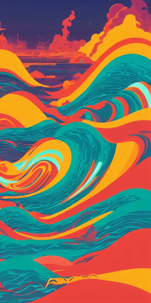 Prompt: cursed multicolored waves, tom whalen, james gilleard, liam brazier, tristan eaton