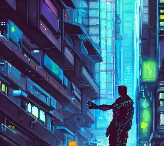 Prompt: a painting of a cyberpunk netrunner, street level