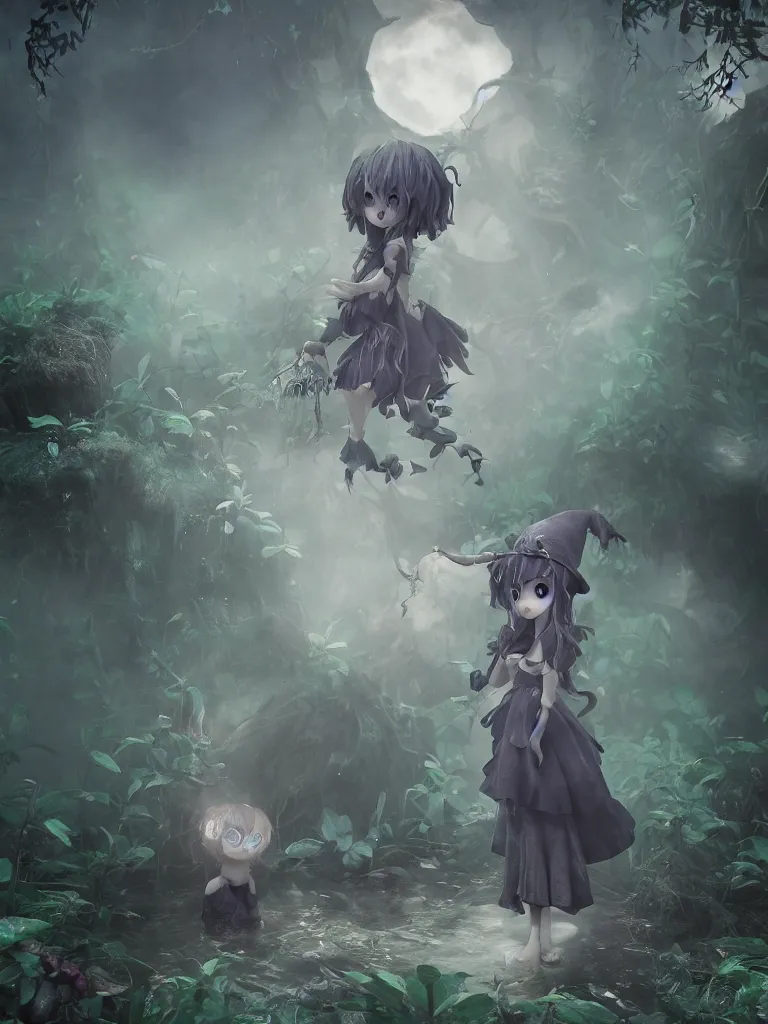 Image similar to cute fumo plush of a frail cursed witch girl wandering the depths of the forbidden jungle, gothic wraith maiden, wispy smoke and volumetric fog on pond, beyond the mirror, filmic, symmetric beauty, moonlight midnight glow, vignette, vray