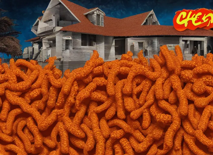 Image similar to a house with walls of cheetos, award winning photography, trending on artstation, highly detailed