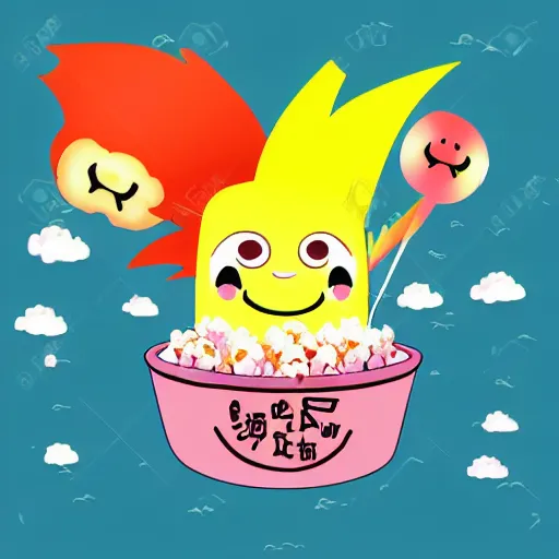 Image similar to kawaii wacky fluffy popcorn with lightning bolt power, yokai, in the style of a mamashiba, with a yellow beak, with a smiling face and flames for hair, sitting on a lotus flower, white background, simple, clean composition, symmetrical