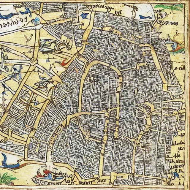 Image similar to medieval manuscript isometric map of london, detailed, illuminated illustration woodcut